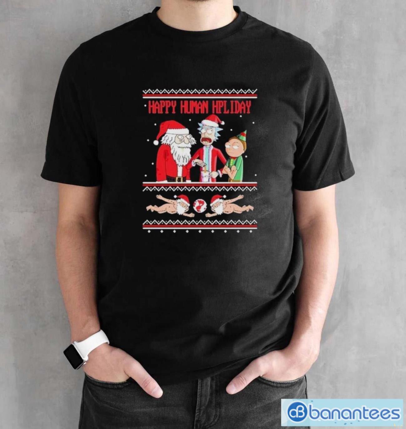 happy human holiday ugly christmas shirt rick and morty shirt 1 image Happy Human Holiday Ugly Christmas Shirt Rick And Morty Shirt - Black Unisex T-Shirt