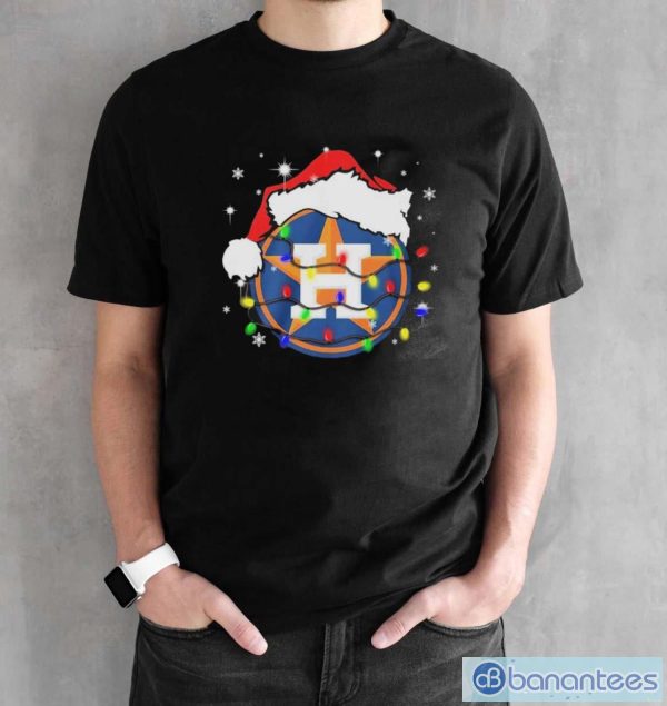 Houston Astros Logo Santa Hat Christmas Light Shirt - Black Unisex T-Shirt