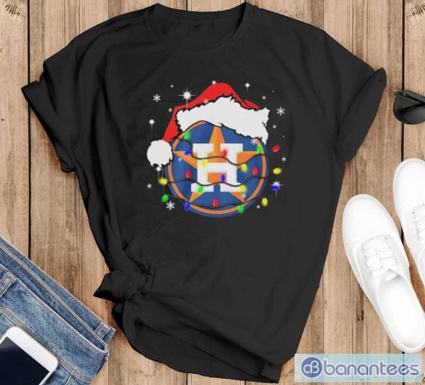 Houston Astros Logo Santa Hat Christmas Light Shirt - Black T-Shirt