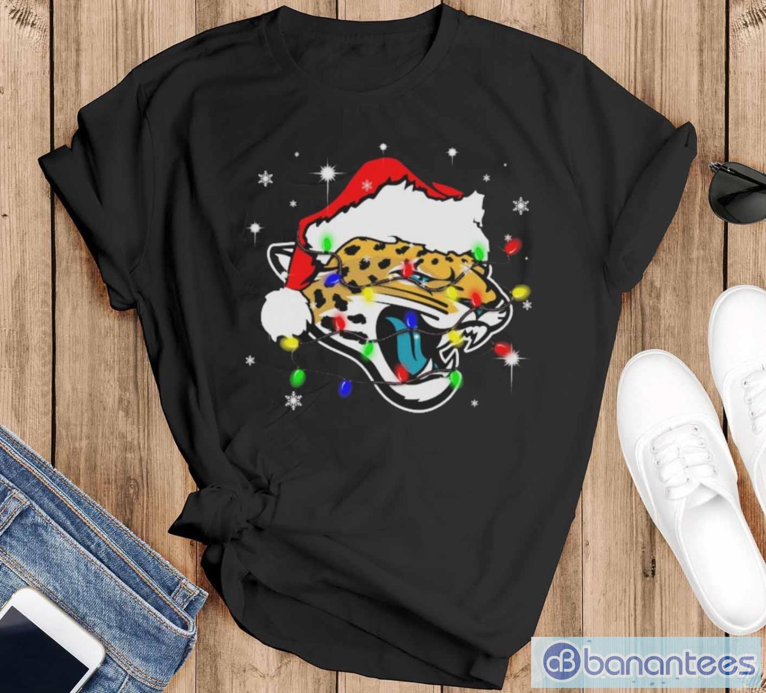 jacksonville jaguars santa hat christmas light shirt image Jacksonville Jaguars Santa Hat Christmas Light Shirt - Black T-Shirt