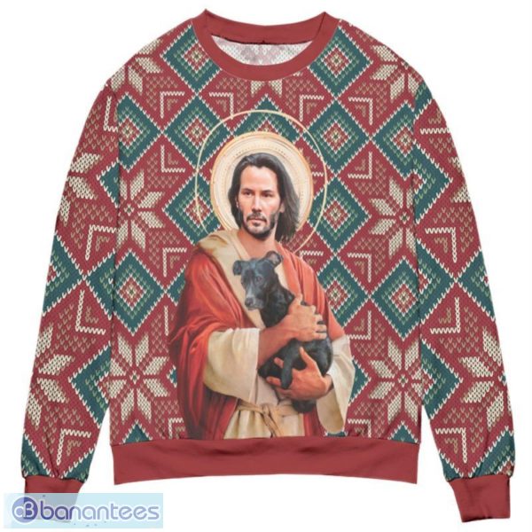 Jesus Keanu Reeves with Dog 3D Ugly Christmas Sweater Christmas Gift Product Photo 1