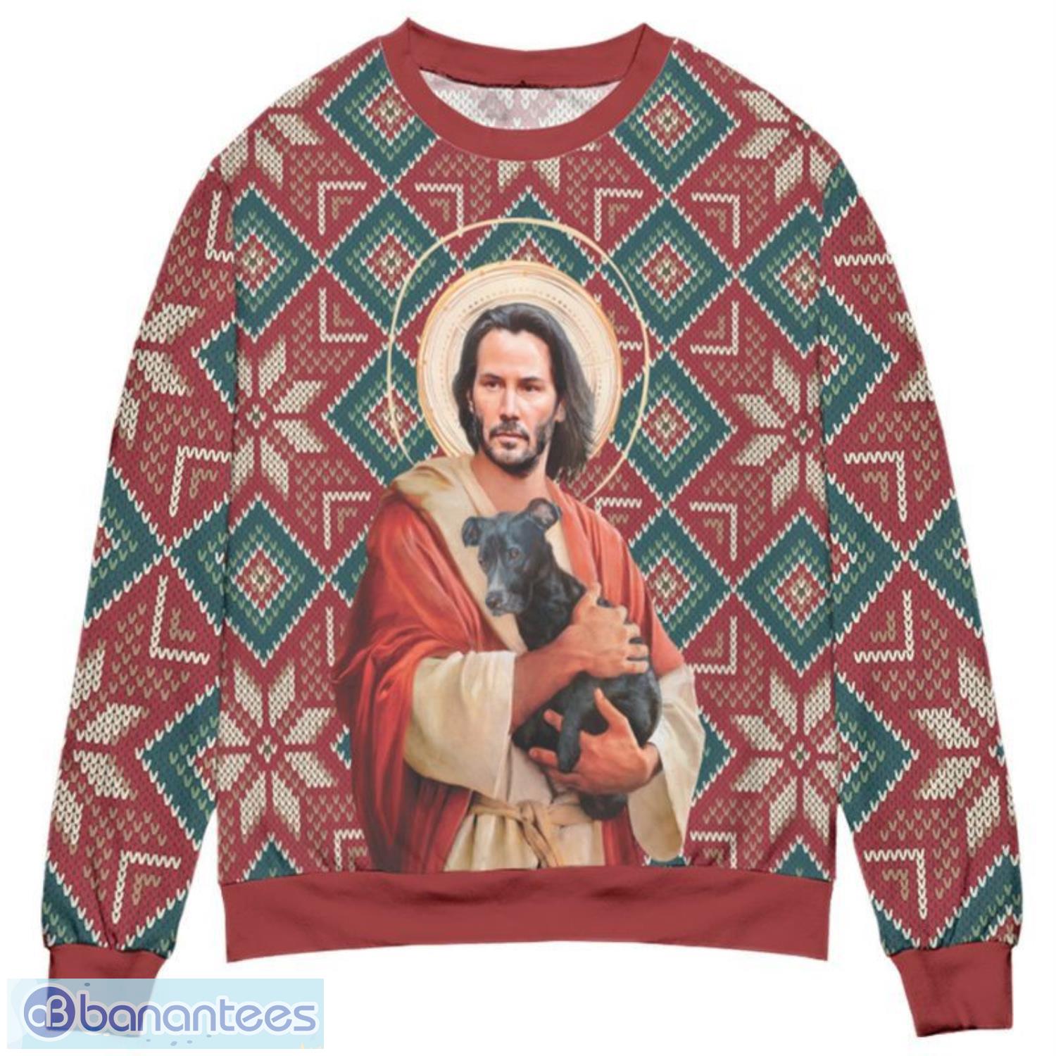 jesus keanu reeves with dog 3d ugly christmas sweater christmas gift image Jesus Keanu Reeves with Dog 3D Ugly Christmas Sweater Christmas Gift Product Photo 1