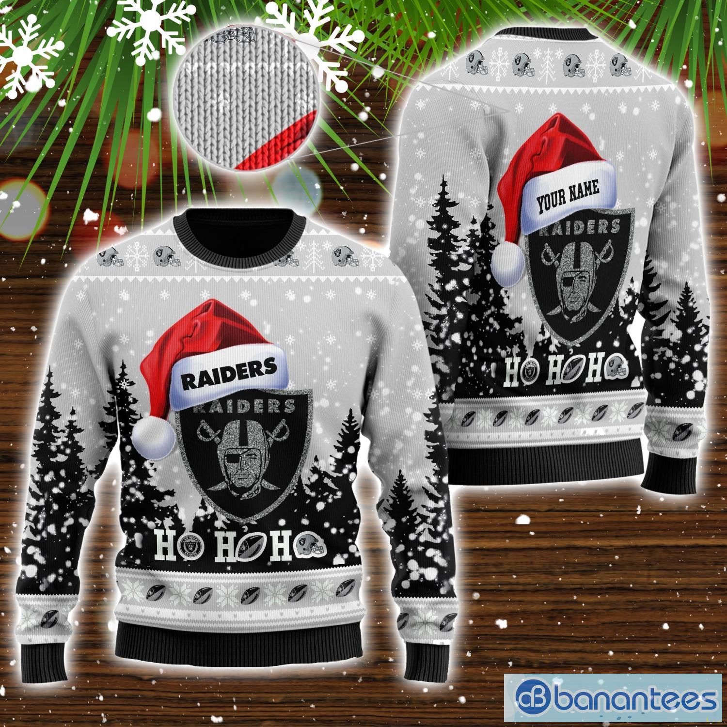 Las Vegas Raiders Symbol Wearing Santa Claus Hat Ho Ho Ho Custom Personalized Name Sweater Product Photo 1