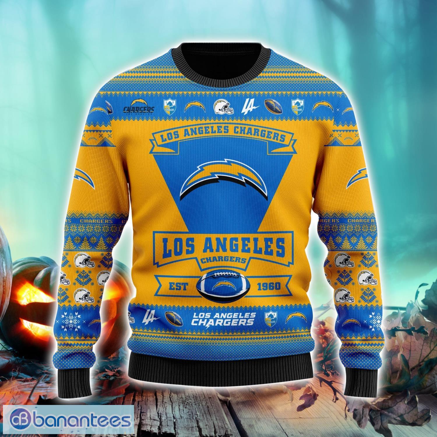 Los Angeles Chargers NFL blue Ensemble AOP Custom Number And Name Ugly  Christmas Sweater Black Gift For Fans - Freedomdesign