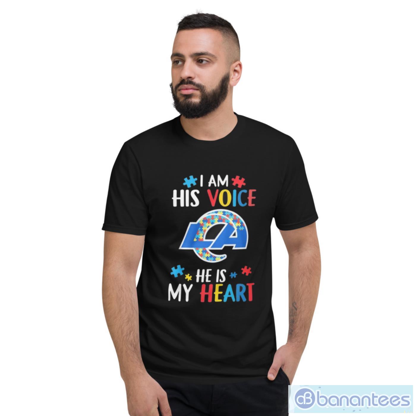 los angeles rams autism i am his voice he is my heart t shirt 1 image Los Angeles Rams Autism I Am His Voice He Is My Heart T-Shirt - Short Sleeve T-Shirt