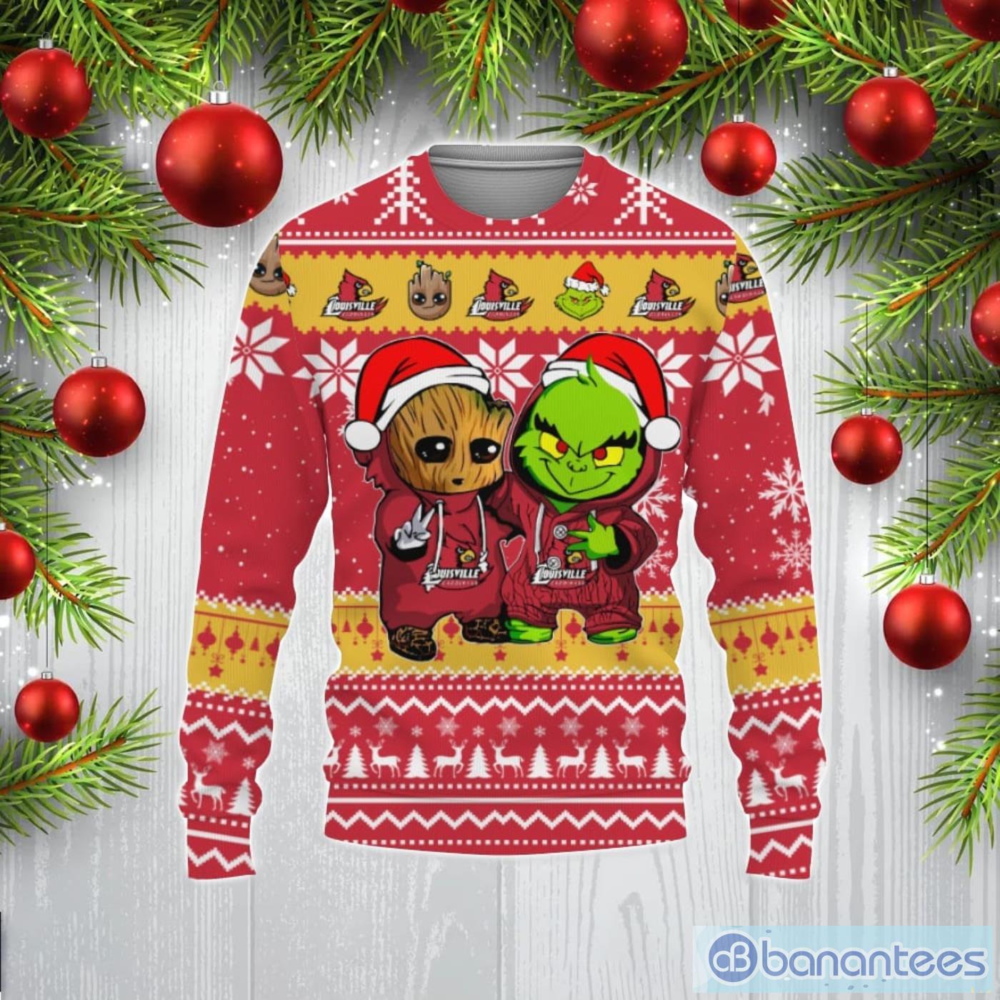 Louisville Cardinals Baby Groot And Grinch Best Friends 3D Hoodie Christmas  Sweater