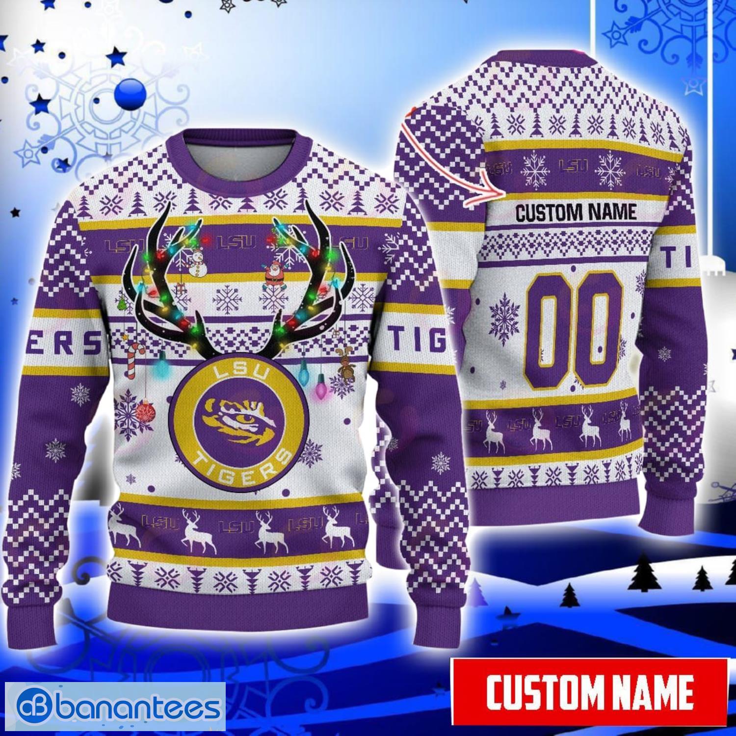 LSU Tigers Reindeer Pattern Special Custom Name And Number Ugly Christmas Sweater NCAA Fans Gifft Product Photo 1
