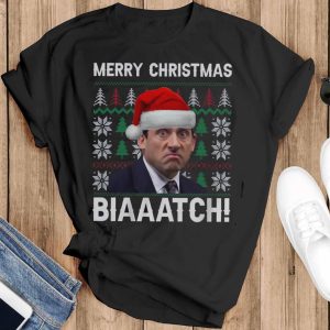 Merry Christmas Biaaatch Movie Quotes T-shirt, Michael Scott Christmas Shirt - Black T-Shirt