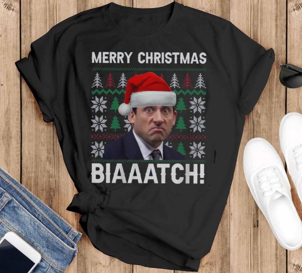 Merry Christmas Biaaatch Movie Quotes T-shirt, Michael Scott Christmas Shirt - Black T-Shirt