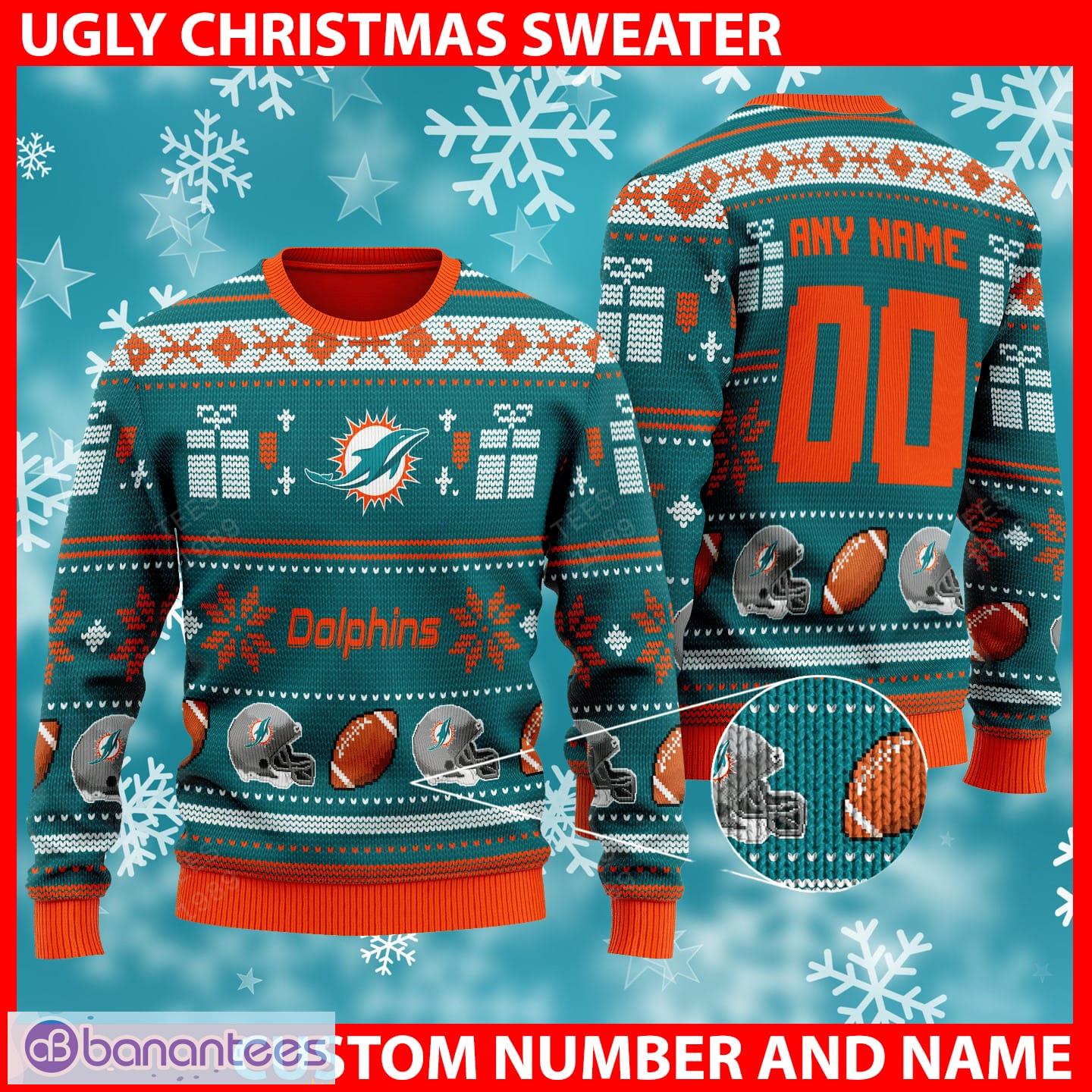 Custom Name And Number Miami Dolphins Ugly Christmas Sweater