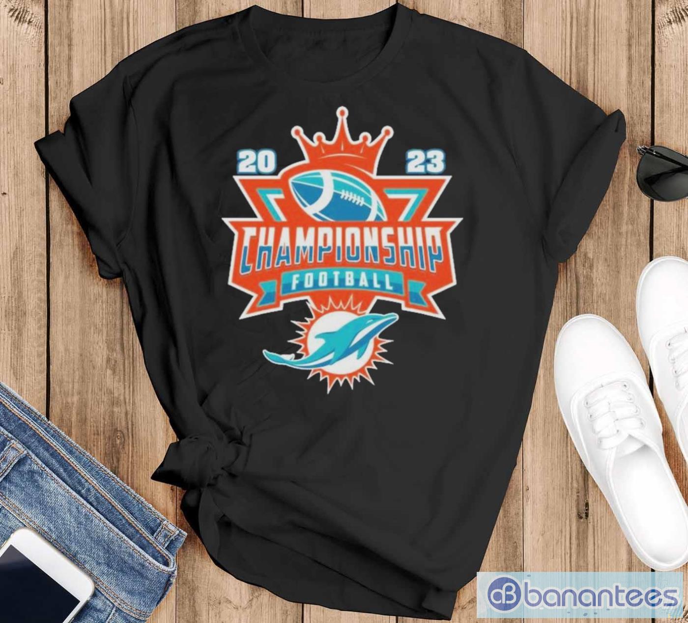 miami dolphins football nfl 2023 championship crown logo shirt image Miami Dolphins Football NFL 2023 Championship Crown Logo Shirt - Black T-Shirt