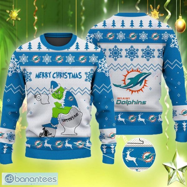 Miami Dolphins Grinch Shitter's Full Toilet Knitted Christmas Blue Sweater - Miami Dolphins Grinch Shitter's Full Toilet Knitted Christmas Blue Sweater