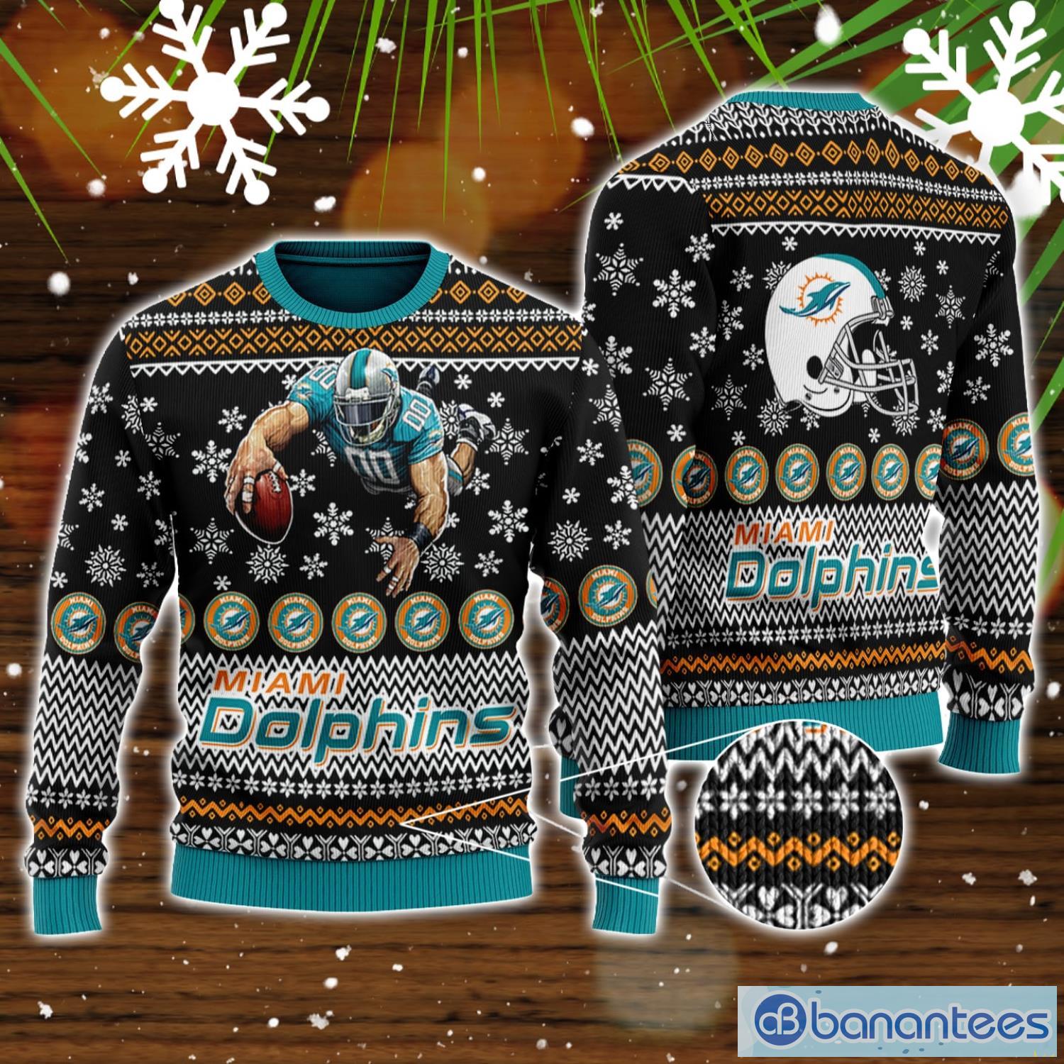 Miami Dolphins Logo Knitted Funny DJ Santa Ugly Christmas Sweater -  Banantees