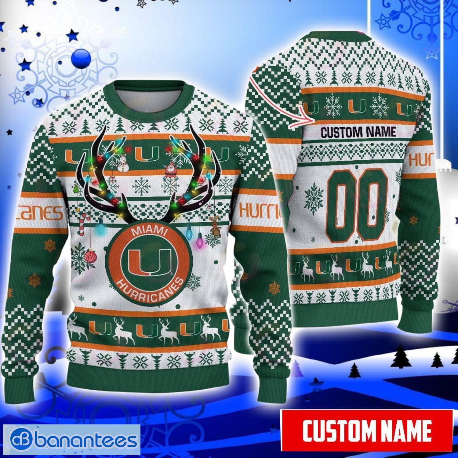 Miami Hurricanes Reindeer Pattern Special Custom Name And Number Ugly Christmas Sweater NCAA Fans Gifft Product Photo 1