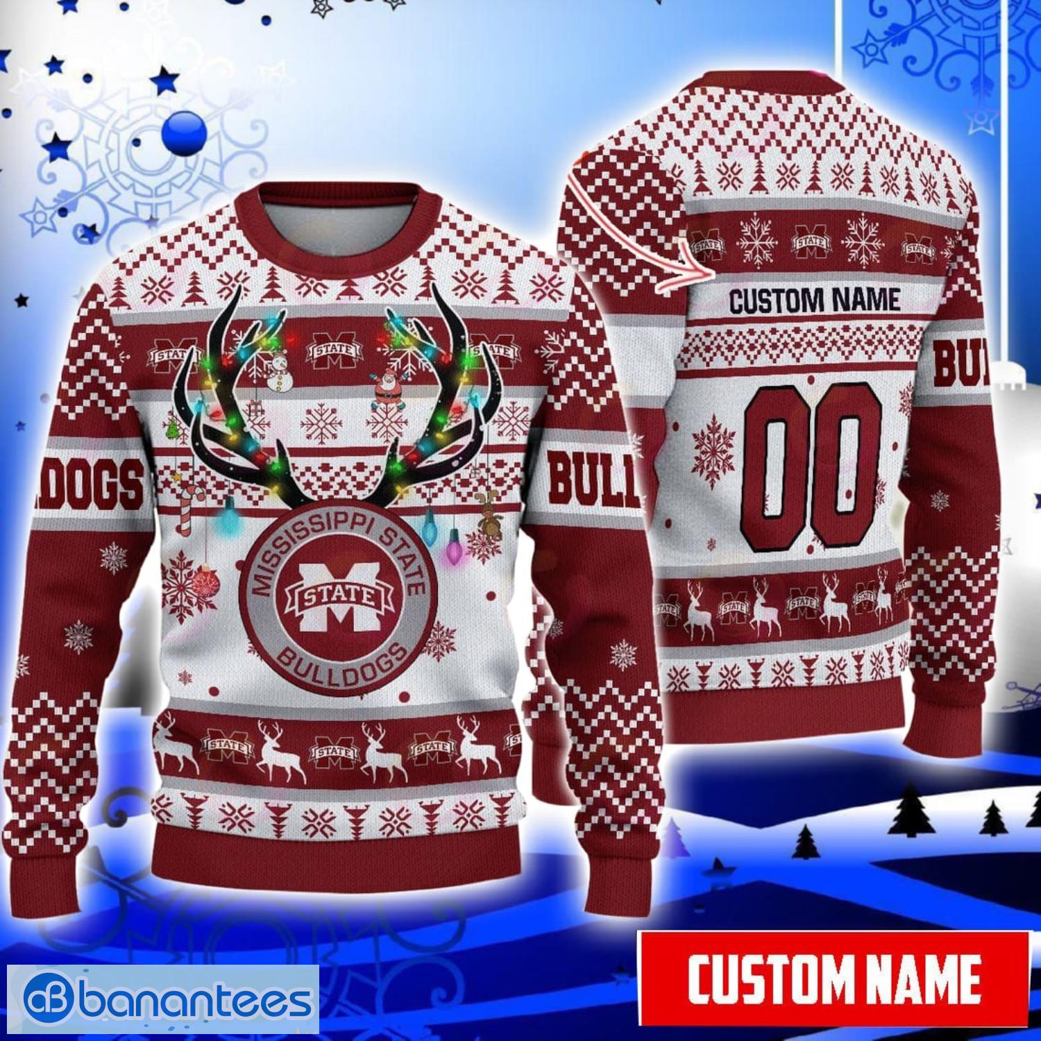 Mississippi State Bulldogs Reindeer Pattern Special Custom Name And Number Ugly Christmas Sweater NCAA Fans Gifft Product Photo 1