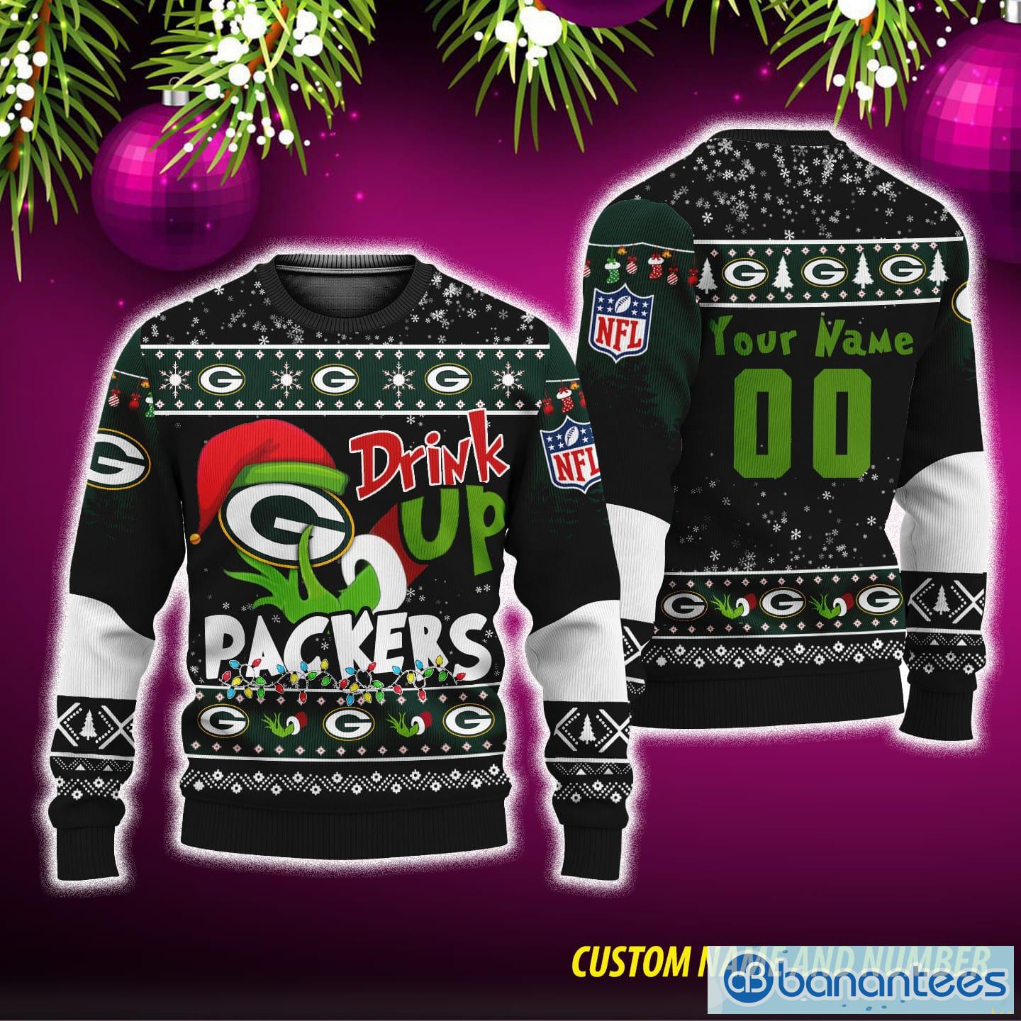 NFL Grinch Drink Up Green Bay Packers Ugly Christmas Sweater Custom Number And Name - NFL Grinch Drink Up Green Bay Packers Ugly Christmas Sweater Custom Number And Name