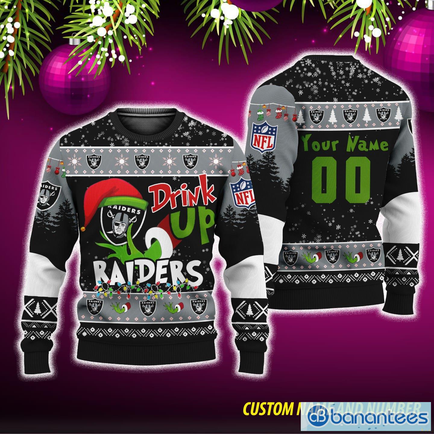 NFL Grinch Drink Up Las Vegas Raiders Ugly Christmas Sweater Custom Number And Name - NFL Grinch Drink Up Las Vegas Raiders Ugly Christmas Sweater Custom Number And Name