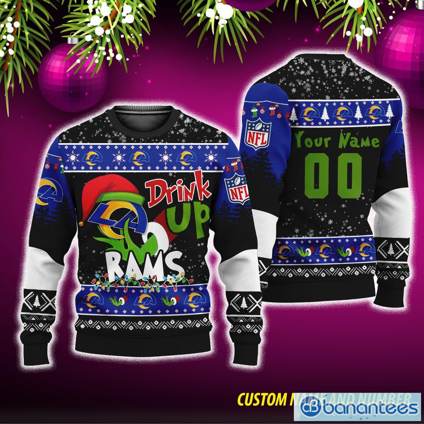 NFL Grinch Drink Up Los Angeles Rams Ugly Christmas Sweater Custom Number And Name - NFL Grinch Drink Up Los Angeles Rams Ugly Christmas Sweater Custom Number And Name