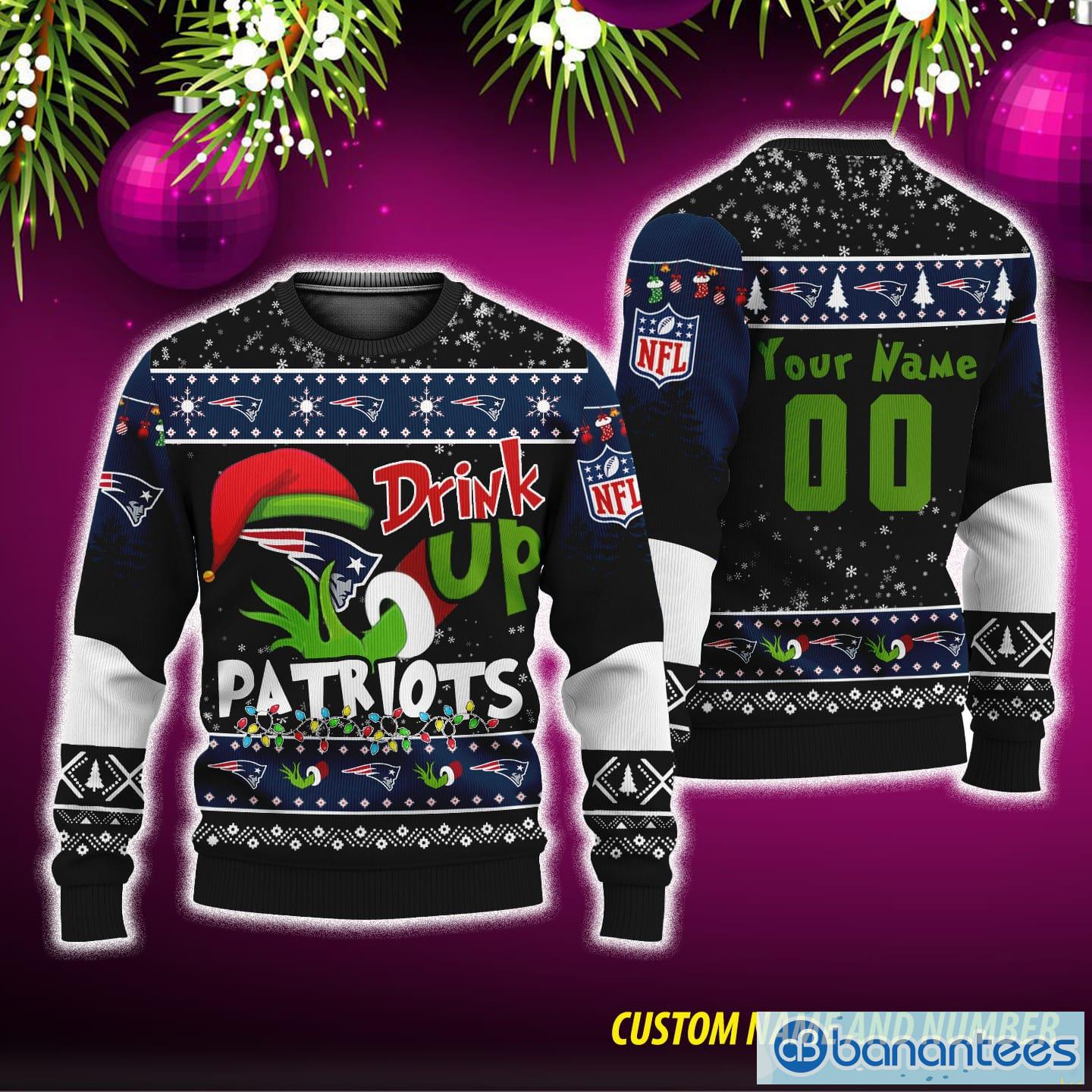 NFL Grinch Drink Up New England Patriots Ugly Christmas Sweater Custom Number And Name - NFL Grinch Drink Up New England Patriots Ugly Christmas Sweater Custom Number And Name