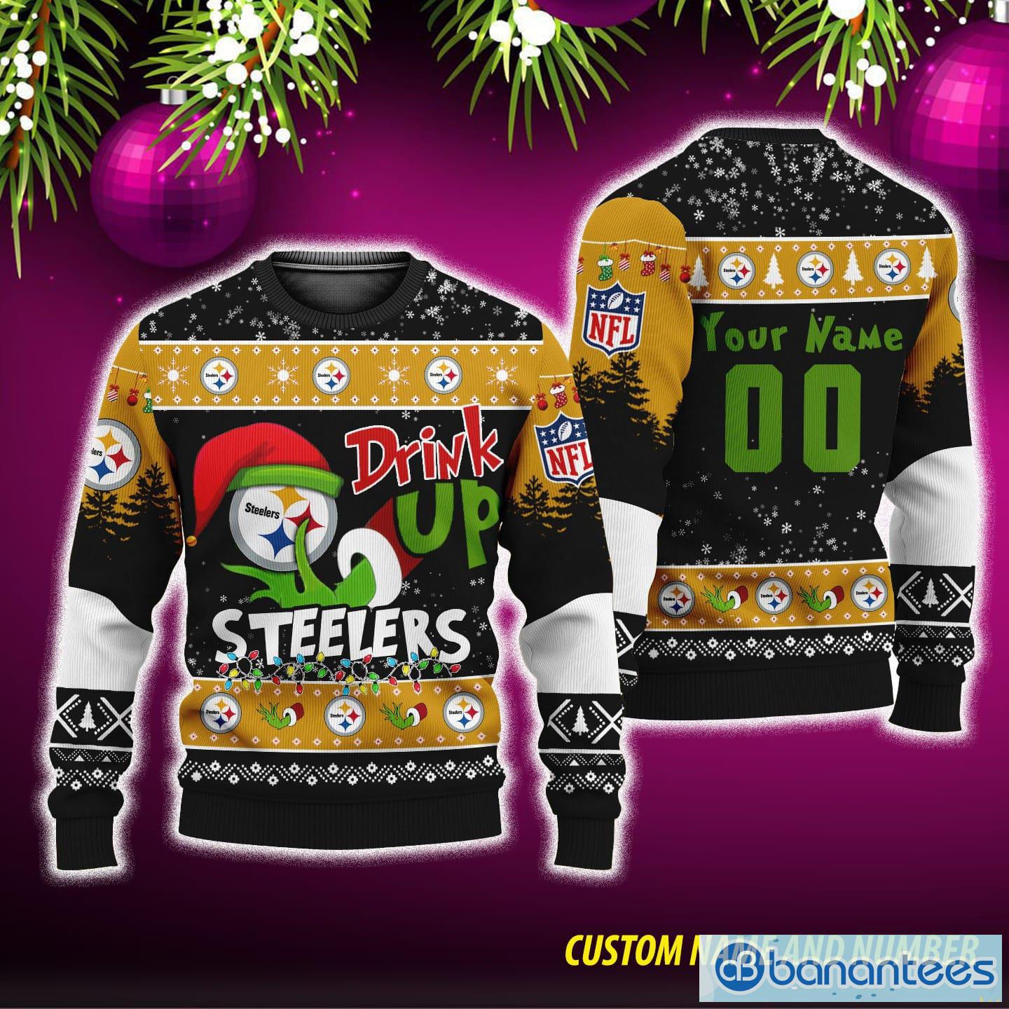 NFL Grinch Drink Up Pittsburgh Steelers Ugly Christmas Sweater Custom Number And Name - NFL Grinch Drink Up Pittsburgh Steelers Ugly Christmas Sweater Custom Number And Name
