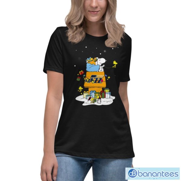 Nice Utah Jazz Santa Snoopy Wish You A Merry Christmas Shirt - Women's Relaxed Short Sleeve Jersey Tee