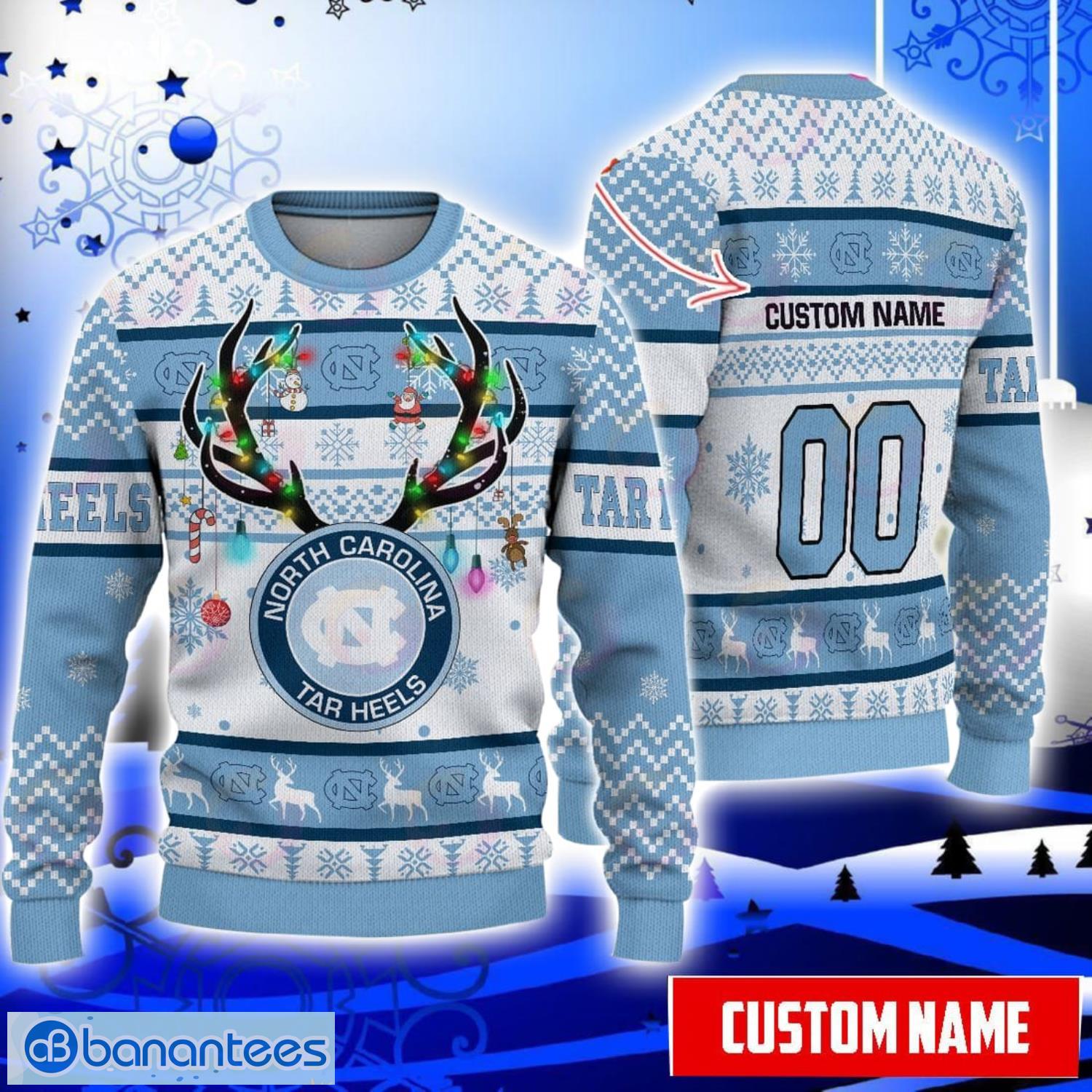 North Carolina Tar Heels Reindeer Pattern Special Custom Name And Number Ugly Christmas Sweater NCAA Fans Gifft Product Photo 1