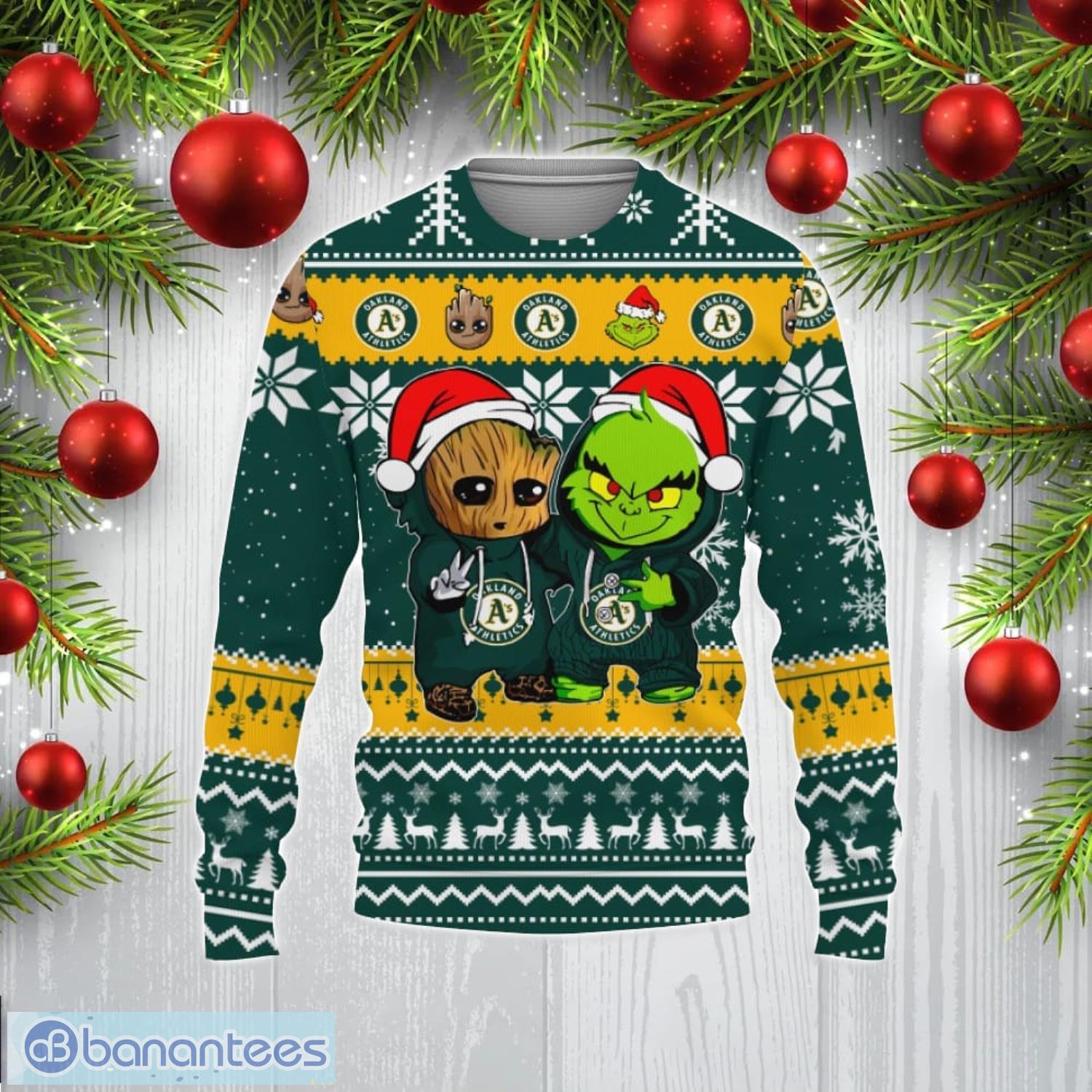 Oakland Athletics Baby Groot And Grinch Ugly Christmas 3D Hoodie