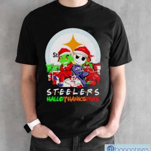 Official Grinch And Jack Skellington Pittsburgh Steelers Hallothankmas Shirt - Black Unisex T-Shirt