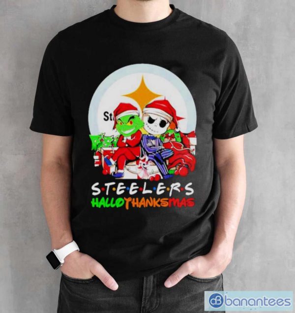 Official Grinch And Jack Skellington Pittsburgh Steelers Hallothankmas Shirt - Black Unisex T-Shirt