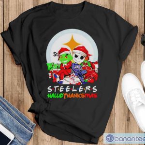 Official Grinch And Jack Skellington Pittsburgh Steelers Hallothankmas Shirt - Black T-Shirt
