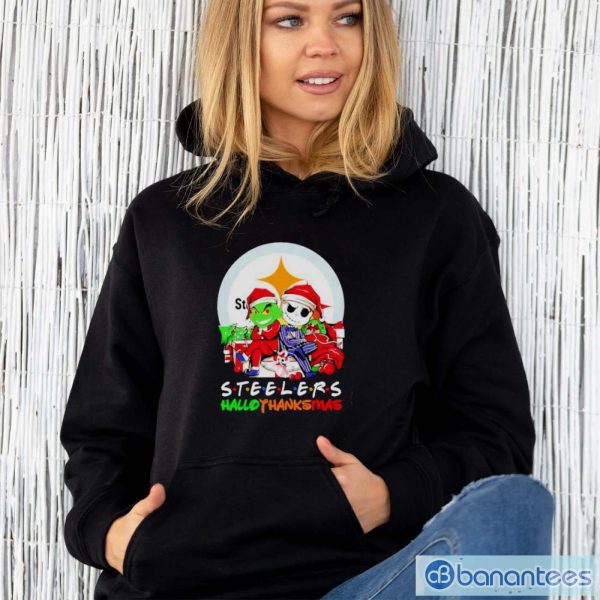 Official Grinch And Jack Skellington Pittsburgh Steelers Hallothankmas Shirt - Unisex Hoodie