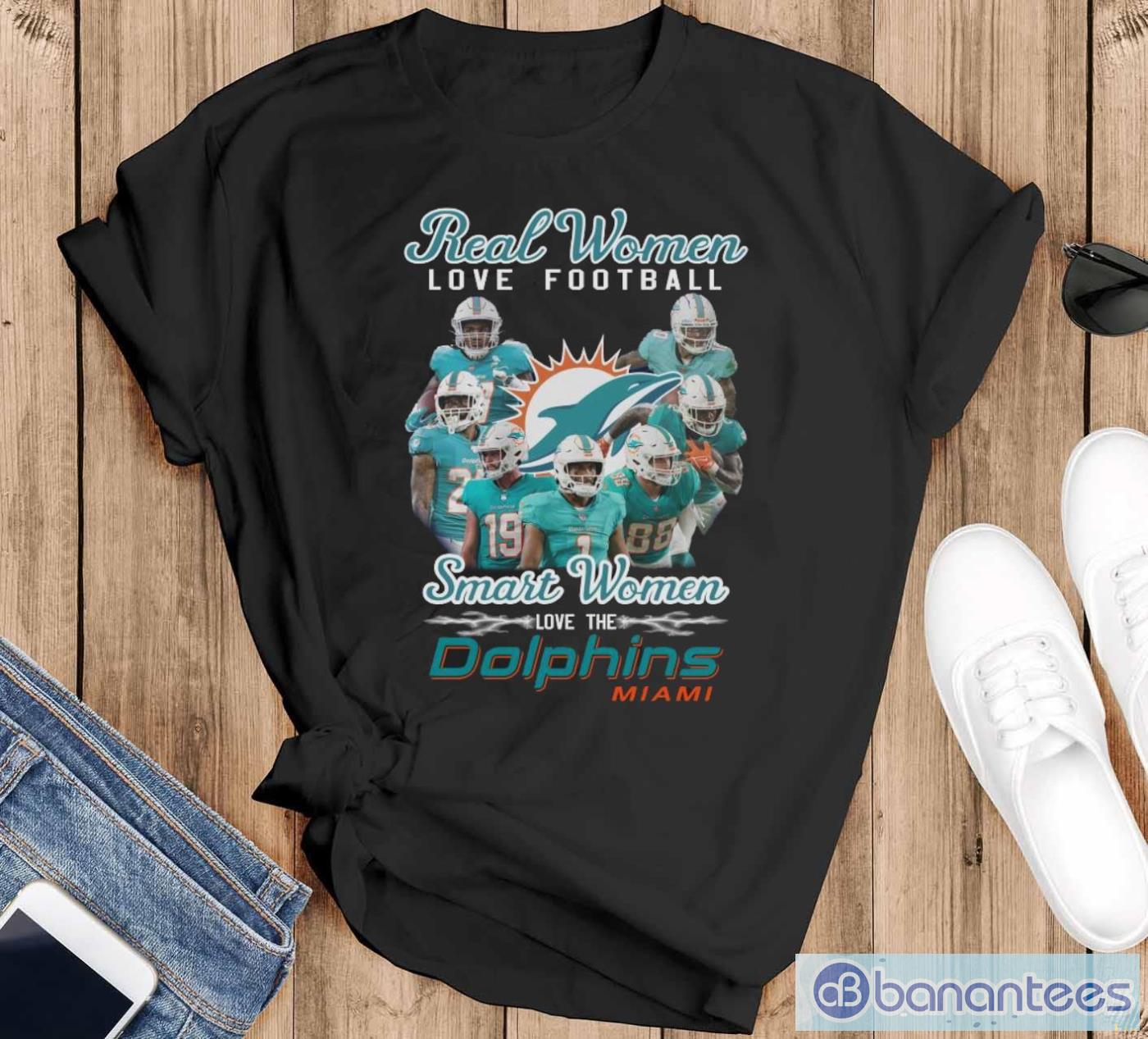 official real women love football smart women love the dolphins miami shirt image Official Real Women Love Football Smart Women Love The Dolphins Miami Shirt - Black T-Shirt