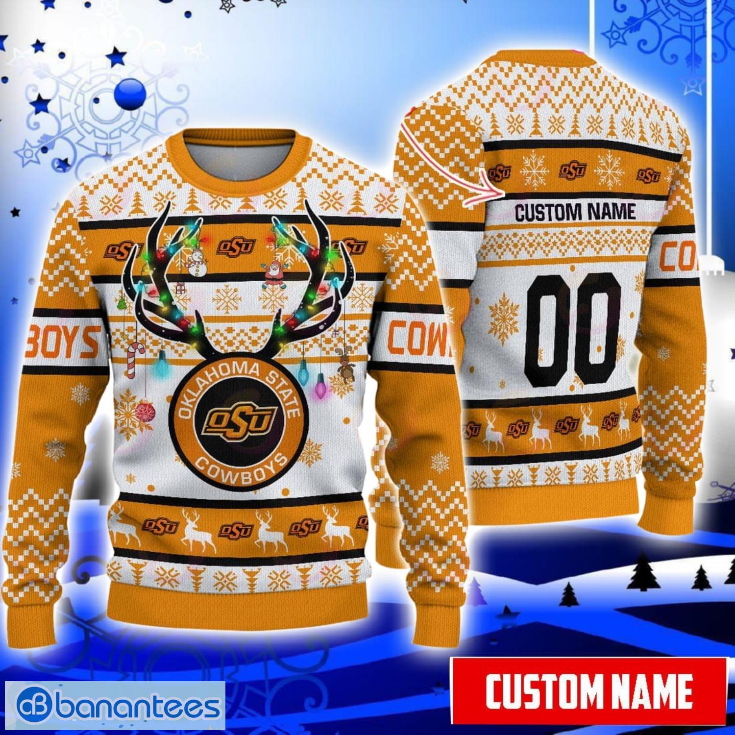 Oklahoma State Cowboys Reindeer Pattern Special Custom Name And Number Ugly Christmas Sweater NCAA Fans Gifft Product Photo 1