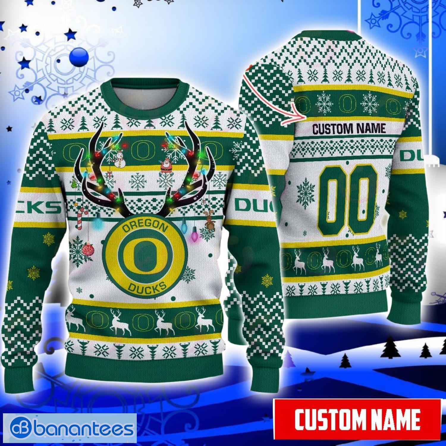 Oregon Ducks Reindeer Pattern Special Custom Name And Number Ugly Christmas Sweater NCAA Fans Gifft Product Photo 1