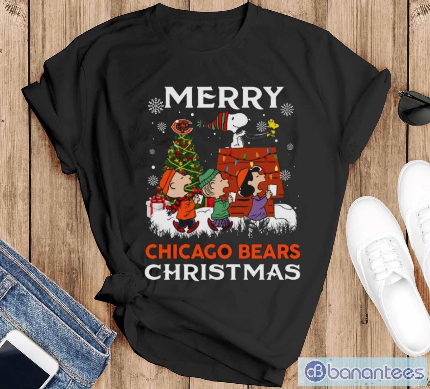 peanuts characters snoopy merry chicago bears christmas shirt image Peanuts Characters Snoopy Merry Chicago Bears Christmas shirt - Black T-Shirt