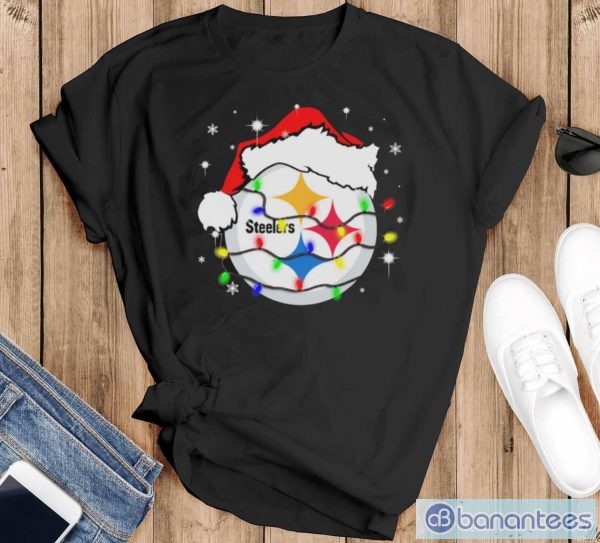 Pittsburgh Steelers Santa Hat Christmas Light Shirt - Black T-Shirt