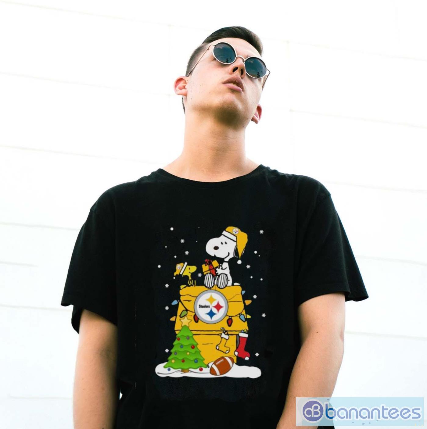 pittsburgh steelers snoopy and woodstock christmas shirt 2 image Pittsburgh Steelers Snoopy And Woodstock Christmas Shirt - G500 Gildan T-Shirt