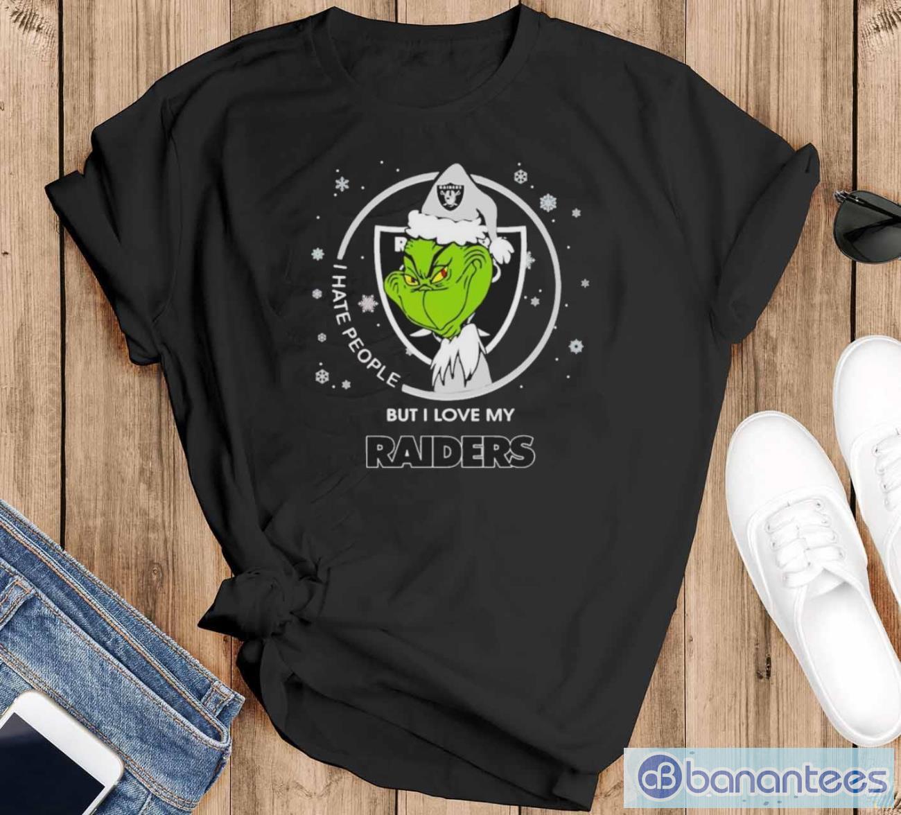 santa grinch i hate people but i love my oakland raiders christmas shirt image Santa Grinch I Hate People But I Love My Oakland Raiders Christmas Shirt - Black T-Shirt