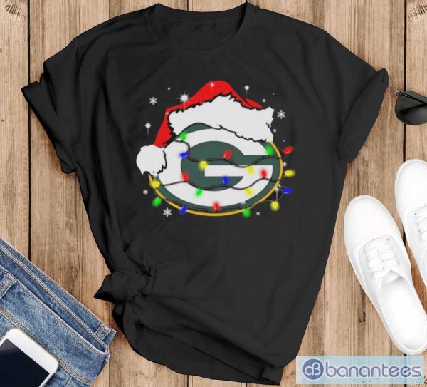 Santa Hat Green Bay Packers Logo Christmas Light Shirt - Black T-Shirt