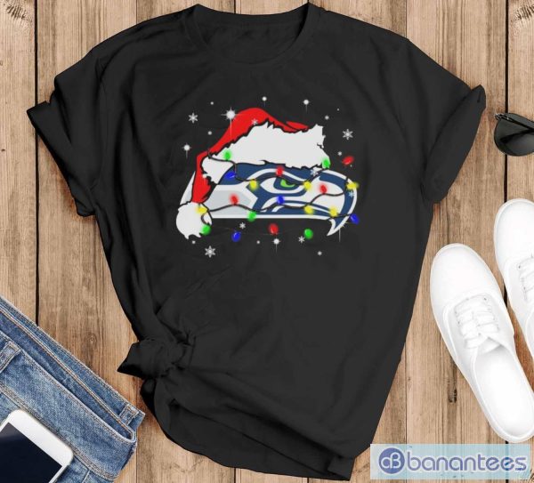 Seattle Seahawks Santa Hat Christmas Light Shirt - Black T-Shirt