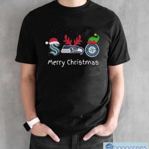 Seattle Teams Sport Logo Seattle Kraken Seattle Seahawks And Seattle Mariners Merry Christmas 2023 T-Shirt - Black Unisex T-Shirt