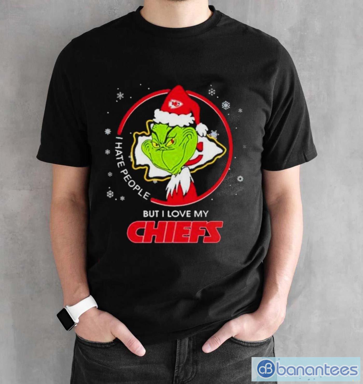 the grinch i hate people but i love my kansas city chiefs christmas t shirt 1 image The Grinch I Hate People But I Love My Kansas City Chiefs Christmas T-Shirt - Black Unisex T-Shirt