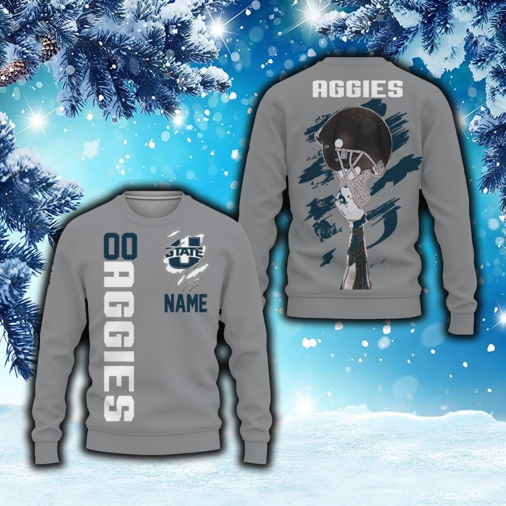 Utah State Aggies Sports American Football Helmet New Trends Custom Number And Name 3D Sweater Christmas For Fans Gift - 191023-070722