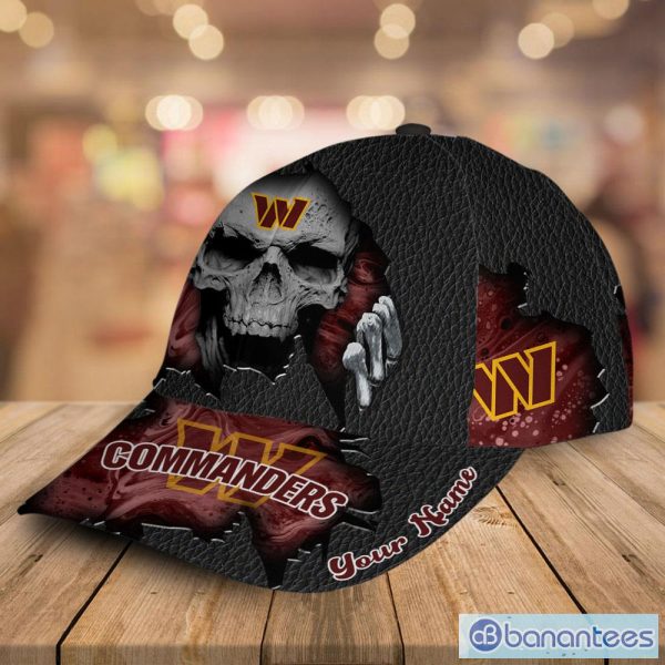 Washington Commanders NFL Skull Halloween Personalized Black 3D Hat Cap Mens Summer Gift For Fans - Washington Commanders NFL Skull Leather Personalized Black Cap_2