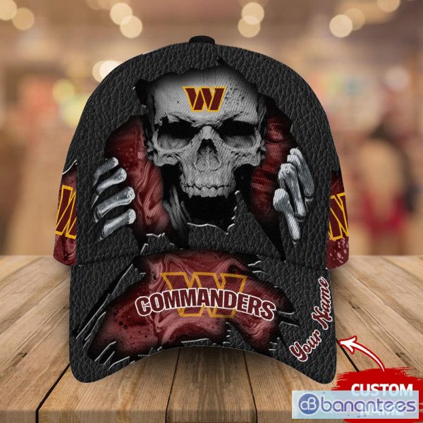 Washington Commanders NFL Skull Halloween Personalized Black 3D Hat Cap Mens Summer Gift For Fans - Washington Commanders NFL Skull Leather Personalized Black Cap_1