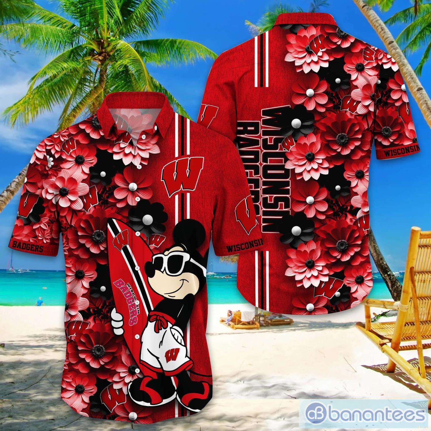 wisconsin badgers hawaiian shirt mickey love surfing trending summer gift image Wisconsin Badgers Hawaiian Shirt Mickey Love Surfing Trending Summer Gift Product Photo 1
