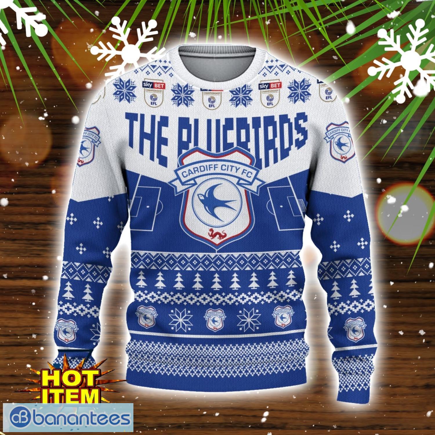 Cardiff City FC Big Logo Custom Name Name Ugly Christmas Sweater