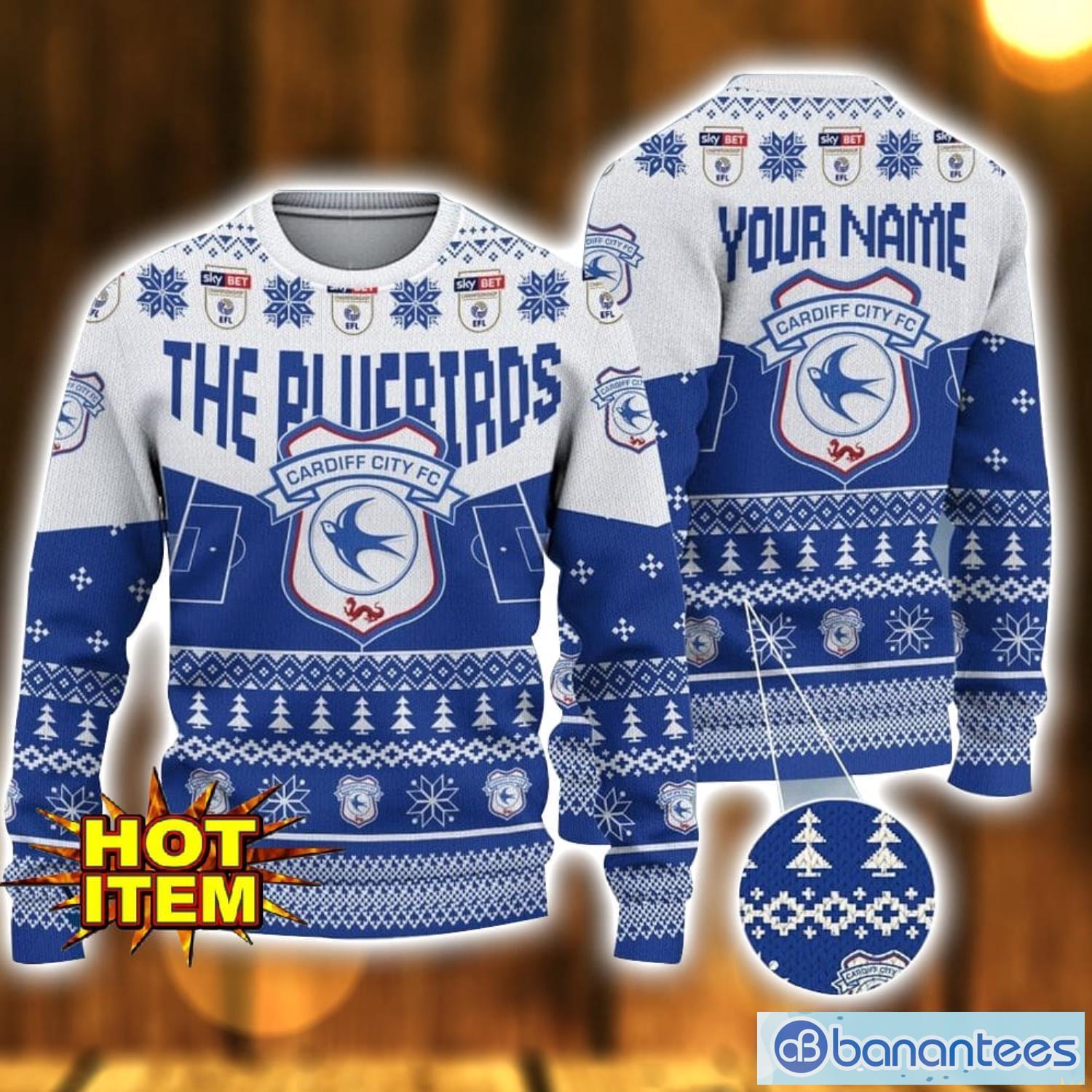 Cardiff City FC Big Logo Custom Name Name Ugly Christmas Sweater