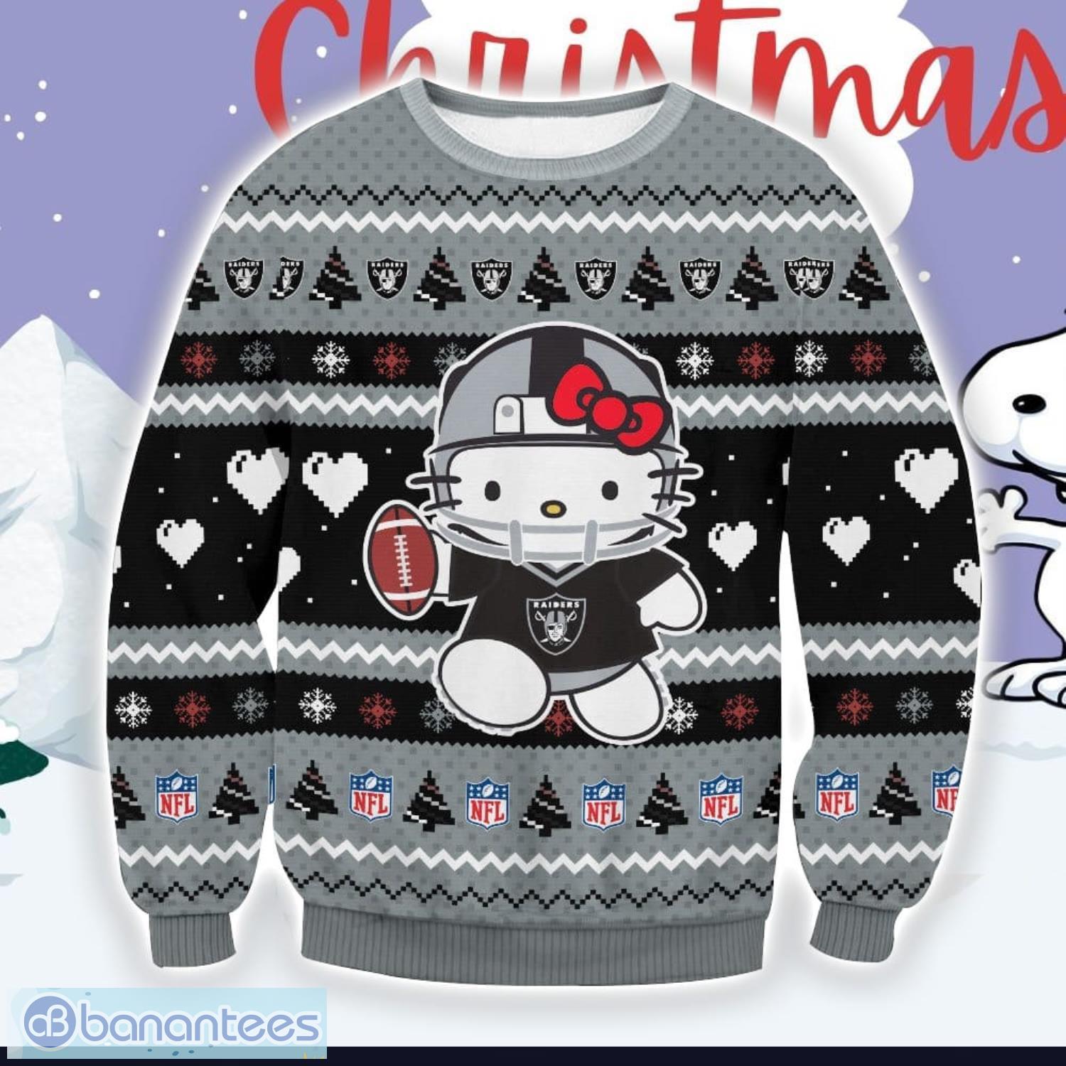 las vegas raiders helloer kitty all over printed 3d ugly sweater christmas gift image Las Vegas Raiders Helloer Kitty All Over Printed 3D Ugly Sweater Christmas Gift Product Photo 1