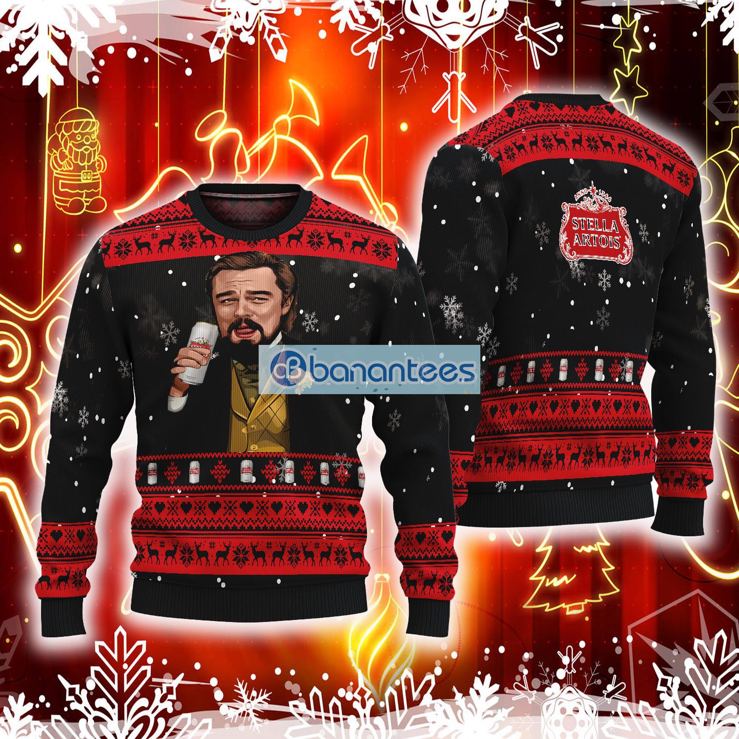 leonardo dicaprio drink beer stella artois black ugly christmas 3d sweater gift for men and women image Leonardo Dicaprio Drink Beer Stella Artois Black Ugly Christmas 3D Sweater Gift For Men And Women - Leonardo Dicaprio Drink Beer Stella Artois Black Ugly Christmas 3D Sweater Gift For Men And Women